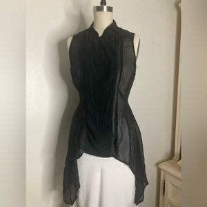 Eileen Fisher black silk top with sheer panels and high low hem